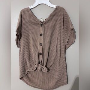Women's tan Button-Down sweater  tie Top